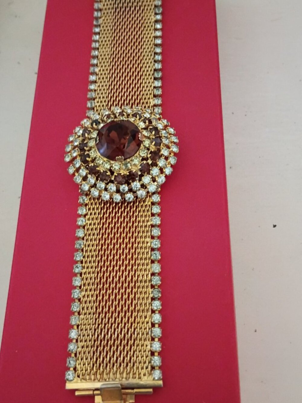 Hobe Vintage Golden and Rhinestone Mesh Bracelet